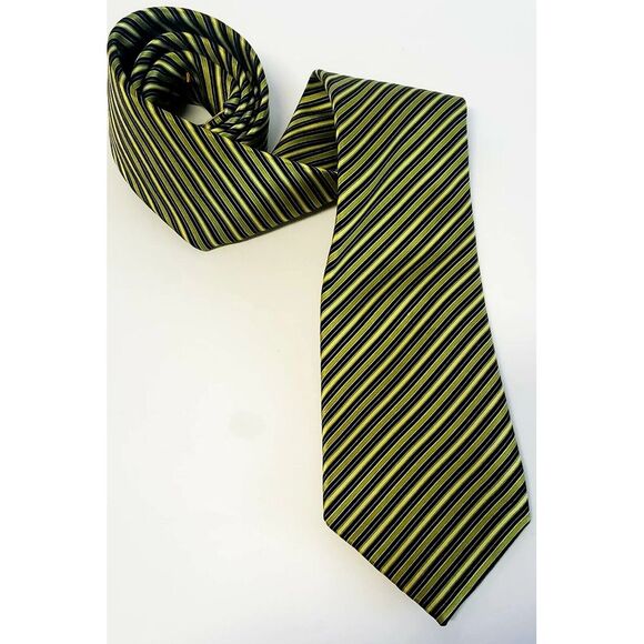 Countess Mara Tie Gold/ Green / Navy Diagonal Stripe 100% Silk w/ Crown Logo - Picture 7 of 15